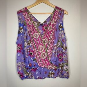 Free People Boho Floral Tank Top Womens Purple Pink V Neck Flowy Blouse